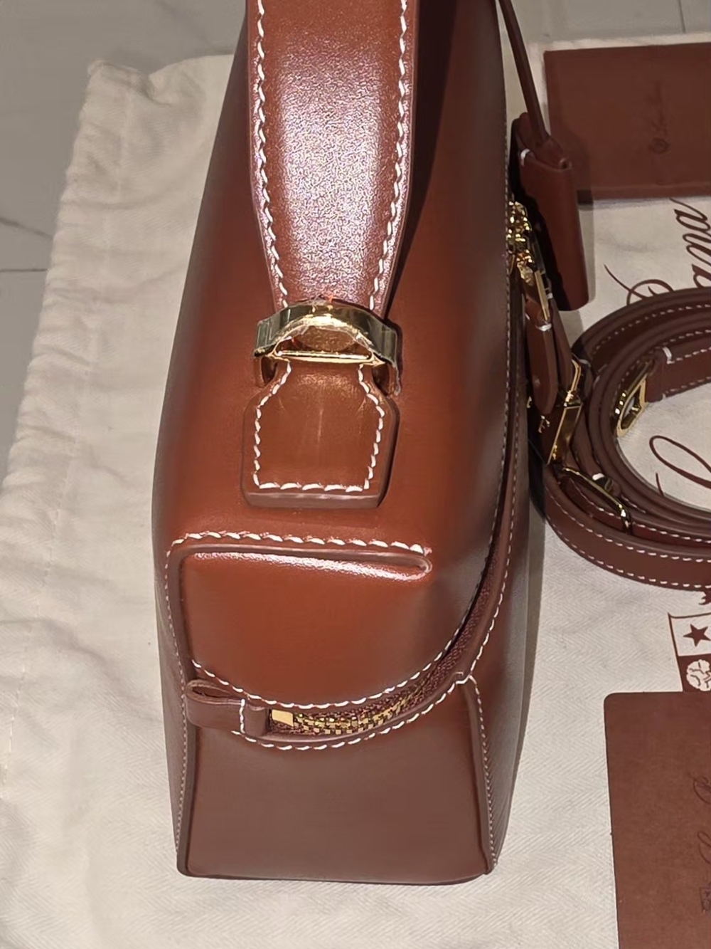 Loro Piana Chestnut Saddle Leather Top-Handle Satchel with Gold Hardware - Picture 8 of 13